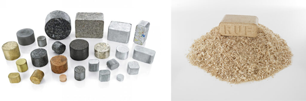 Samples of metal and wood briquettes in various shapes and sizes. 
