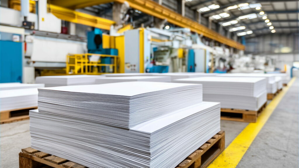 Pallets of white paper in a printing company.
